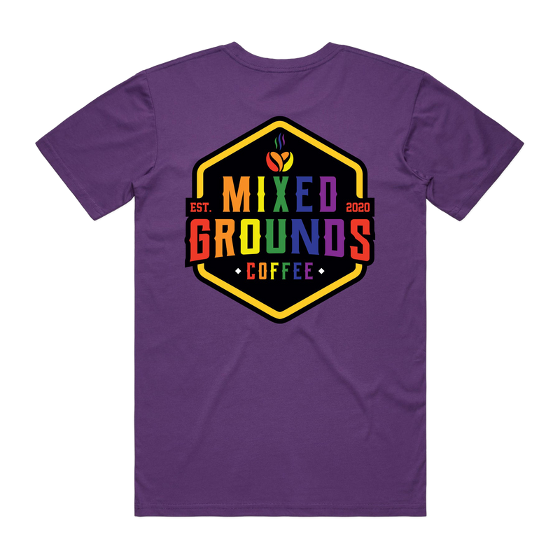 Mixed Grounds Pride T-Shirt in purple (back view)