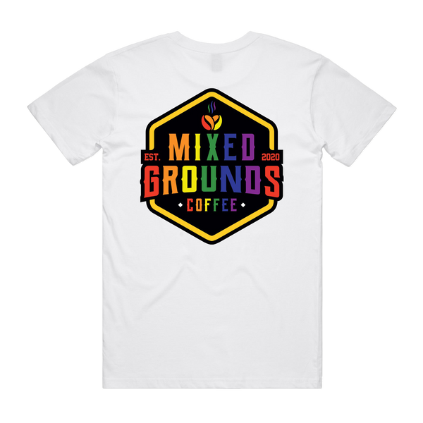 Mixed Grounds Pride T-Shirt in white (back view)