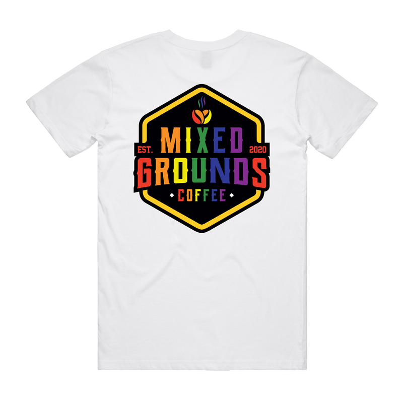 Mixed Grounds Pride T-Shirt in white (back view)